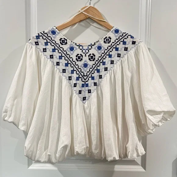 Free People Ivory Blouse with Navy Embroidery - Picture 4 of 11